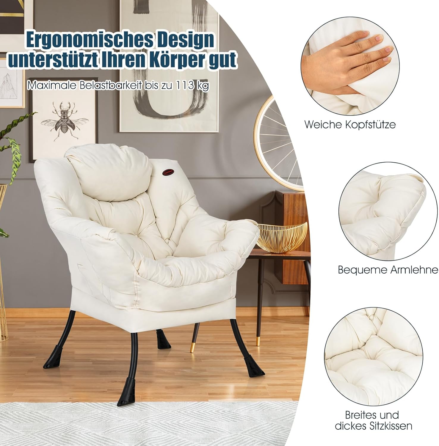 COSTWAY Padded Armchair, Recliner Chair with Armrests & Side Pocket, Lounge Chair, TV Chair, Wing Chair for Living Room, Bedroom, Office (Beige)