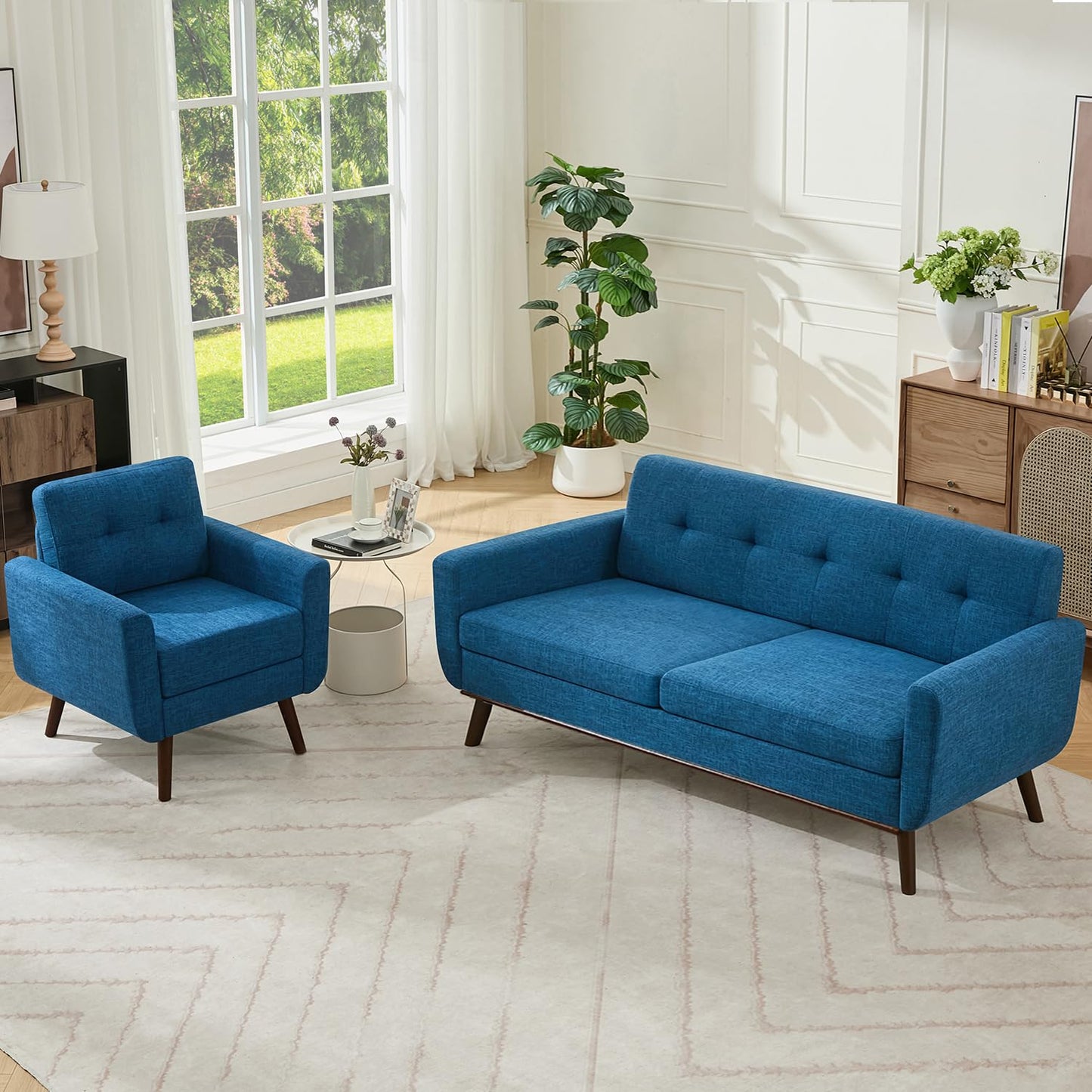 Kingfun 65.2" W Loveseat Sofa, Mid Century Modern Decor Love Seat Couches for Living Room, Button Tufted Upholstered Furniture, Solid & Easy to Install Small Couch for Bedroom Office Apartment, Beige