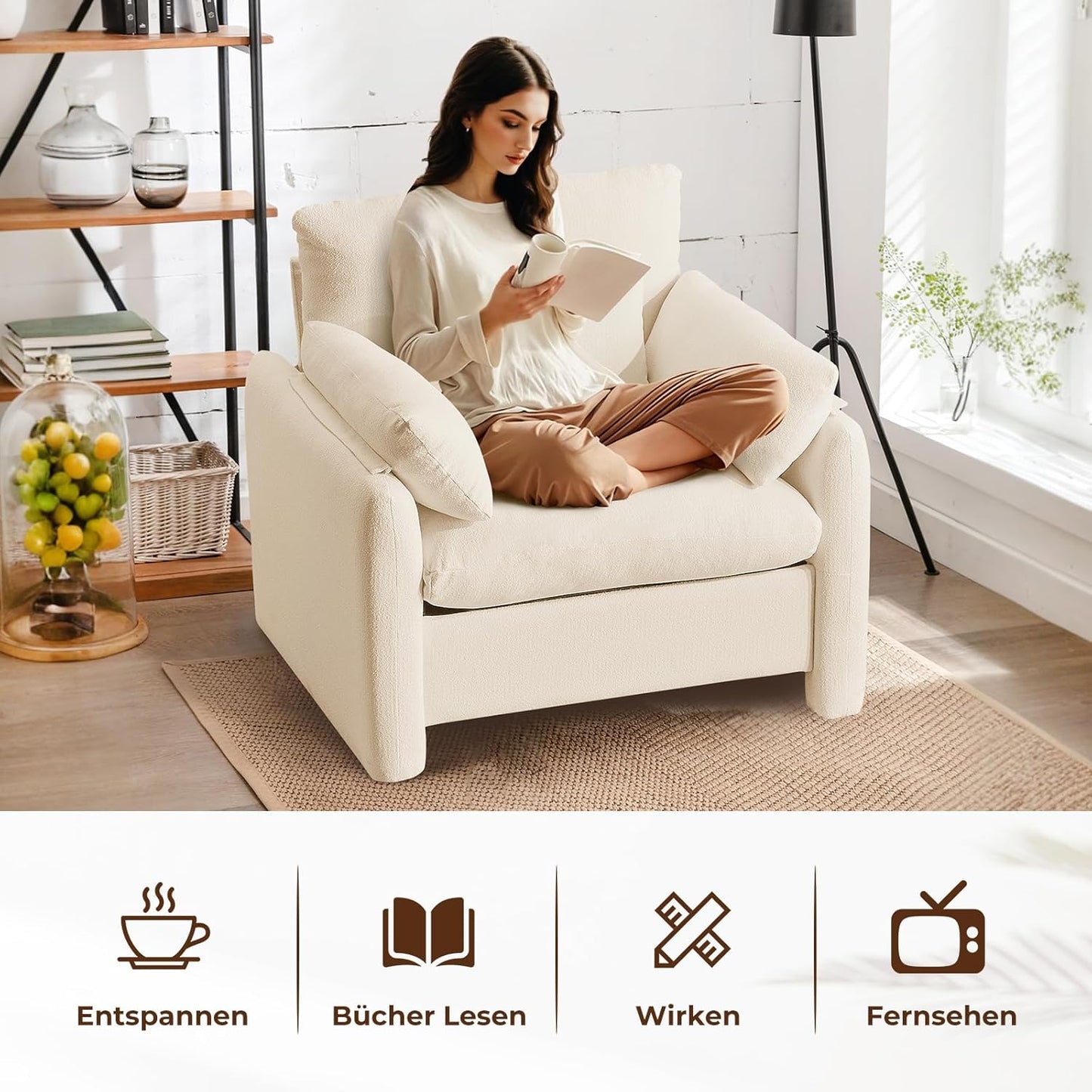 Extra Large Wing Chair, Living Room, 93.5 cm Upholstered Chair, TV Chair, Single Sofa with Removable Armrest & Throw Cushion, Single Sofa Reading Chair for Living Room, Bedroom, Beige