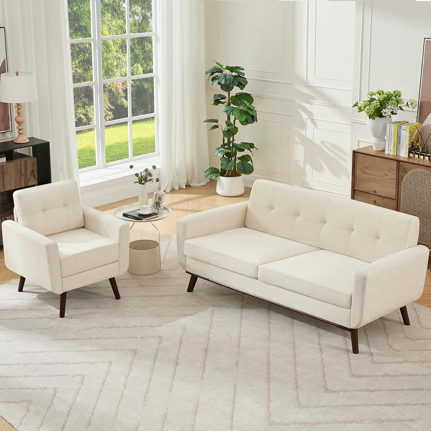 Kingfun 65.2" W Loveseat Sofa, Mid Century Modern Decor Love Seat Couches for Living Room, Button Tufted Upholstered Furniture, Solid & Easy to Install Small Couch for Bedroom Office Apartment, Beige