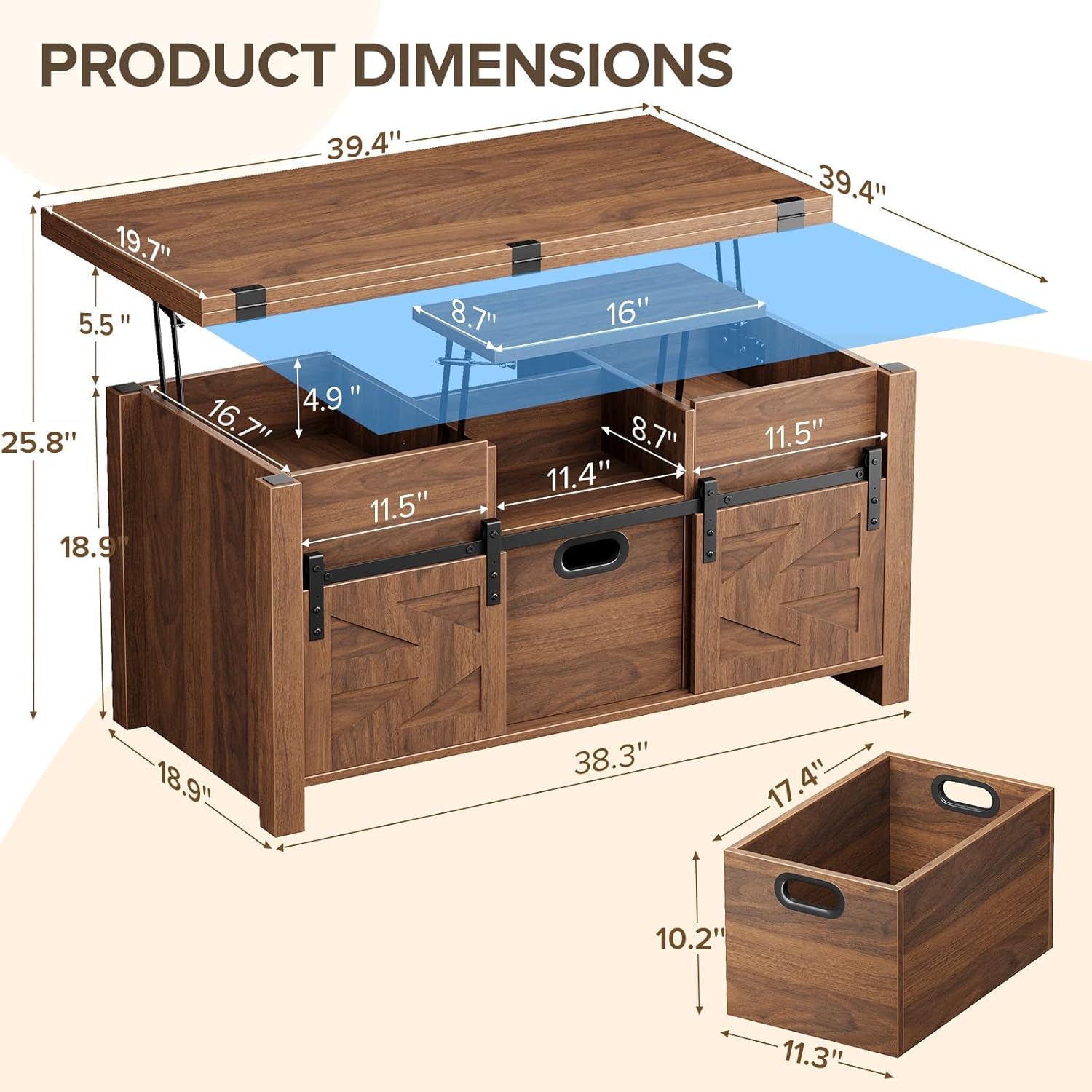 40" Farmhouse Lift Top Coffee Table with Sliding Barn Door,4 in 1 Multi-Function Coffee Tables with Storage Drawers & Hidden Compartment,Converts to Dining Table for Living Room,Walnut