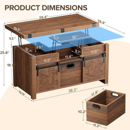 40" Farmhouse Lift Top Coffee Table with Sliding Barn Door,4 in 1 Multi-Function Coffee Tables with Storage Drawers & Hidden Compartment,Converts to Dining Table for Living Room,Walnut