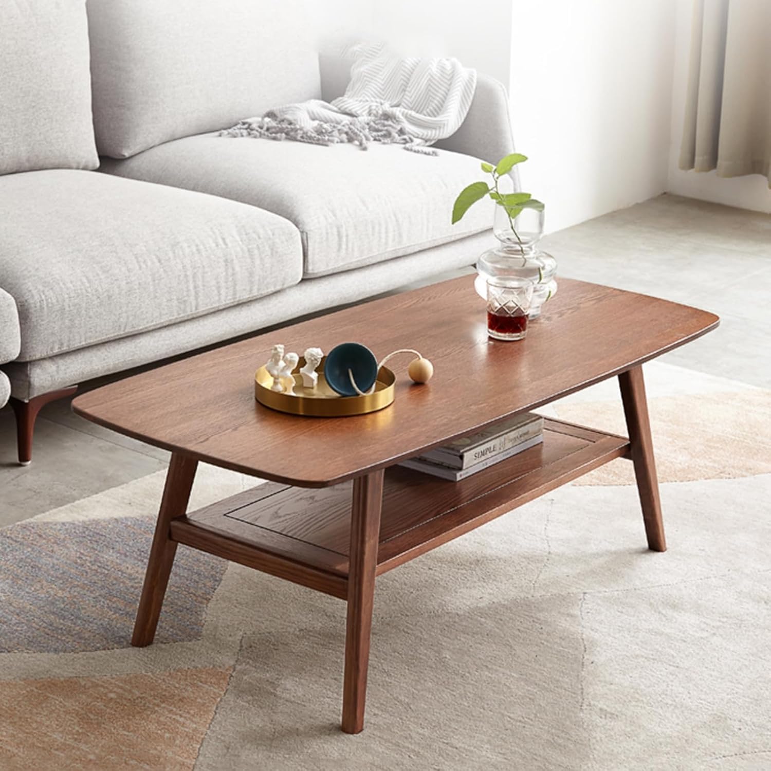 100% Solid Oak Coffee Table with Storage Shelf, 2-Tier Wooden Center Table for Living Room, Farmhouse Rustic Rectangle Table, Easy Assembly, Walnut Color, 39.37inch