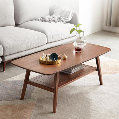 100% Solid Oak Coffee Table with Storage Shelf, 2-Tier Wooden Center Table for Living Room, Farmhouse Rustic Rectangle Table, Easy Assembly, Walnut Color, 39.37inch