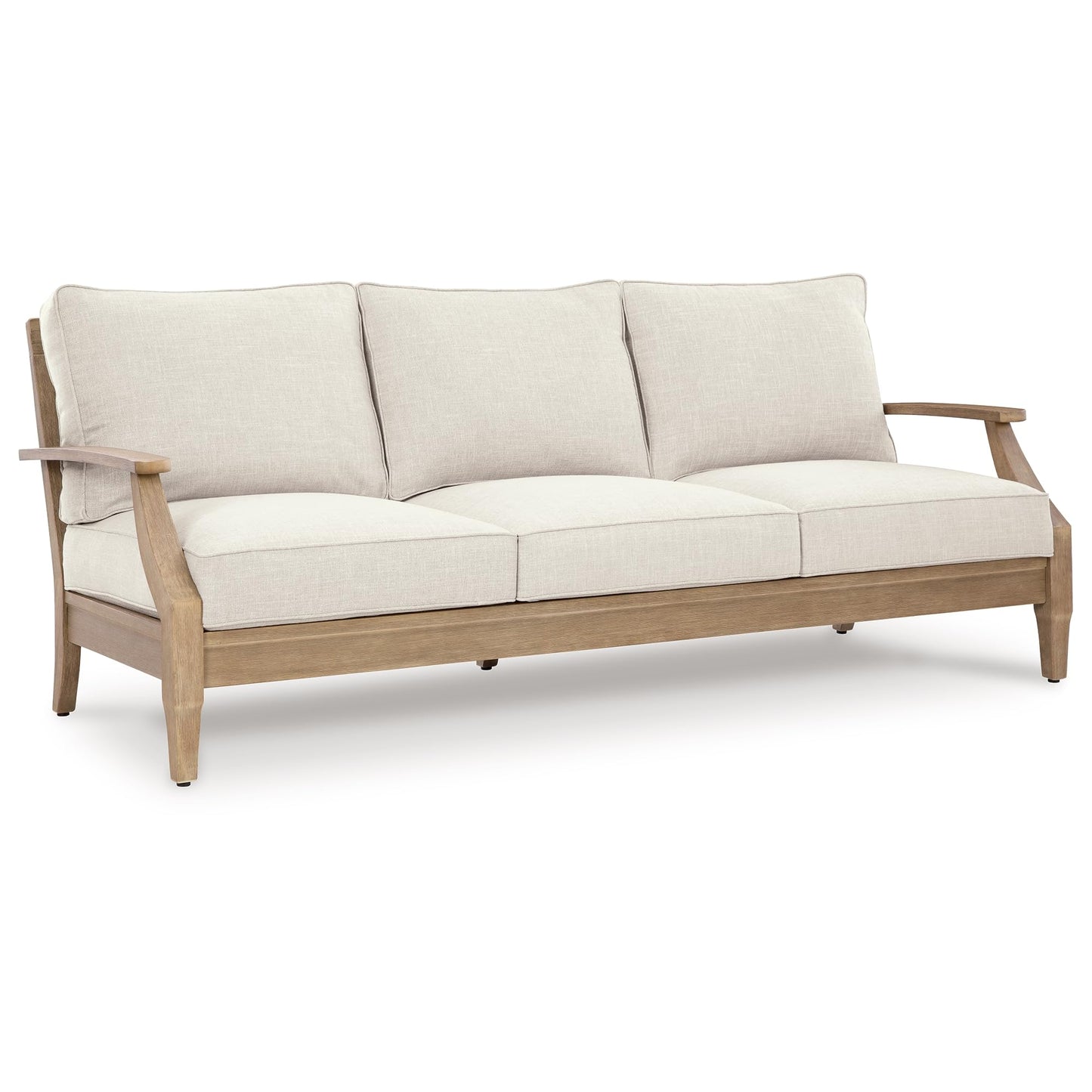 Signature Design by Ashley Clare View Outdoor Patio Sofa, 4 Throw Pillows, Nuvella Weather Resistant Fabric, Eucalyptus Wood, 81" W x 35" D x 32" H, Beige