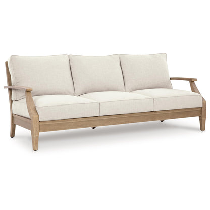 Signature Design by Ashley Clare View Outdoor Patio Sofa, 4 Throw Pillows, Nuvella Weather Resistant Fabric, Eucalyptus Wood, 81" W x 35" D x 32" H, Beige