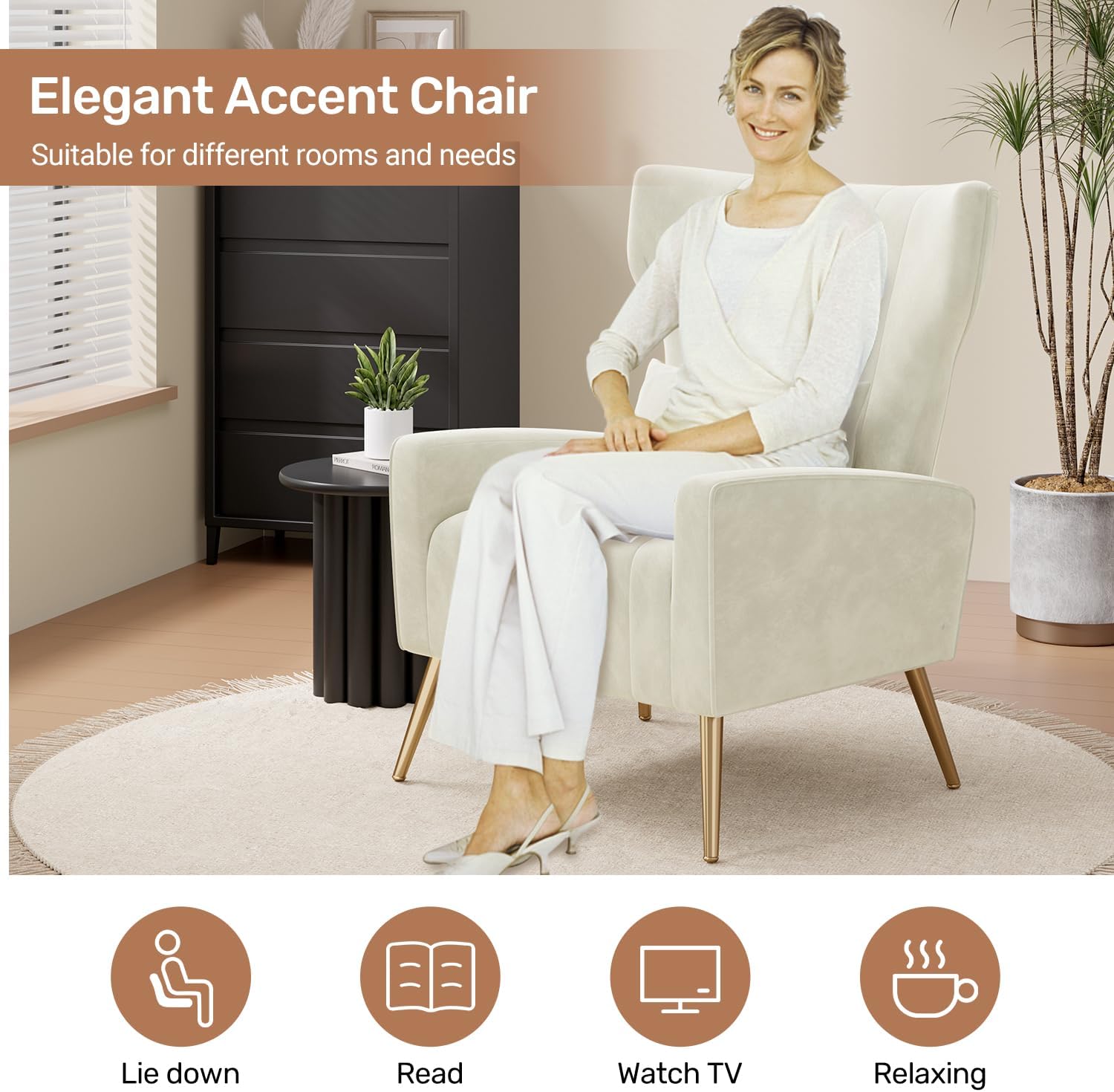 Relaxing Chair, Single Sofa, TV Chair, Wing Chair with Pillow and Gold Metal Feet Made of Velvet up to 130 kg, Bedroom, Living Room, Beige