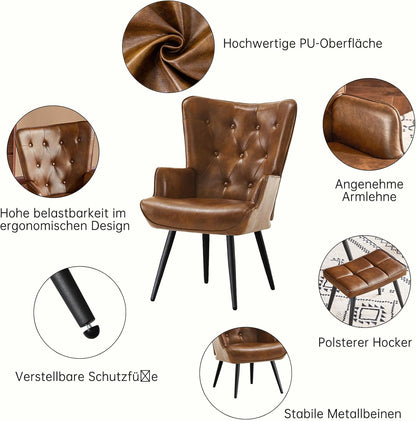 Armchair with Stool, Wing Chair with Stool Made of PU Leather, Armchair, Living Room Recliner Chair with Footrest, Lounge Chair, Upholstered Chair for Living Room, Bedroom, Study, Brown