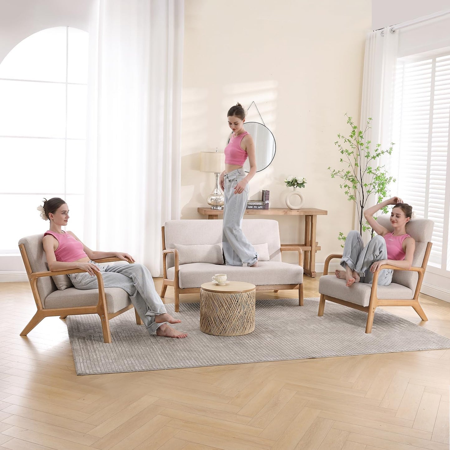 INZOY Mid Century Modern Accent Chair with Wood Frame, Upholstered Living Room Chairs with Waist Cushion, Reading Armchair for Bedroom Sunroom (Beige)