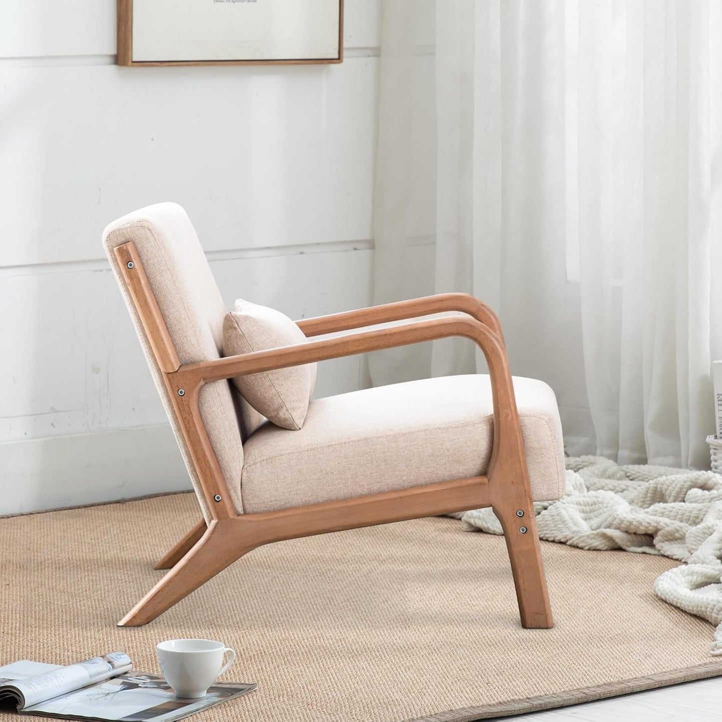 INZOY Mid Century Modern Accent Chair with Wood Frame, Upholstered Living Room Chairs with Waist Cushion, Reading Armchair for Bedroom Sunroom (Beige)