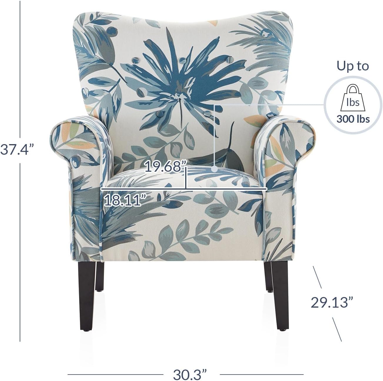 BELLEZE Modern Accent Chair, High Back Armchair, Upholstered Wingback Side Chair, Padded Single Sofa with Wooden Legs for Living Room, Bedroom - Green Blue Floral