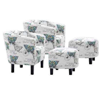 BELLEZE Accent Chair with Ottoman Set, Modern Upholstered Curved Back Chair, Barrel Round Tub Reading Chair and Footrest for Living Room Bedroom - Floral Beige/Linen