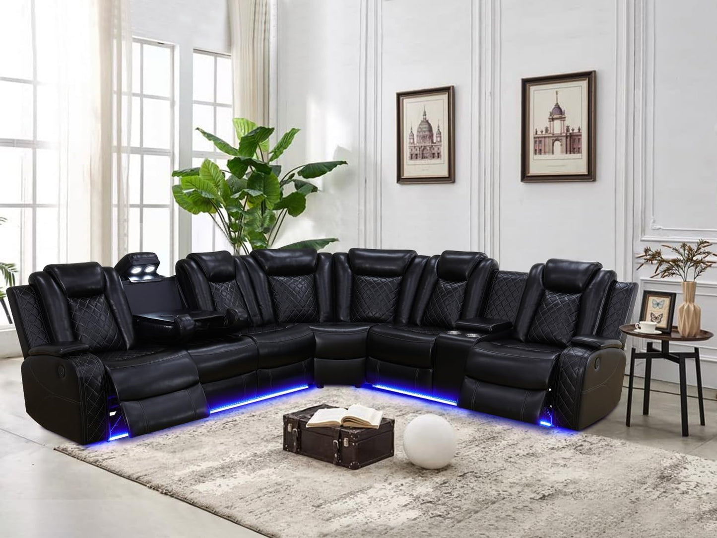 Power Recliner Sectional Sofa Set,Living Room Furniture Sets,Black Leather Sectional Reclining Couch Power Reclining Sofa with LED Light/Storage Console for Living Room