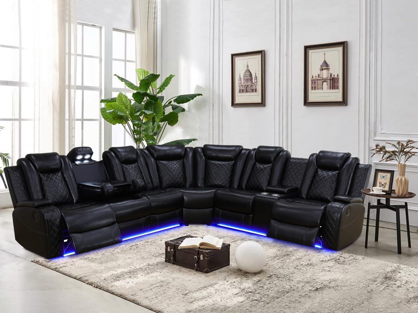 Power Recliner Sectional Sofa Set,Living Room Furniture Sets,Black Leather Sectional Reclining Couch Power Reclining Sofa with LED Light/Storage Console for Living Room