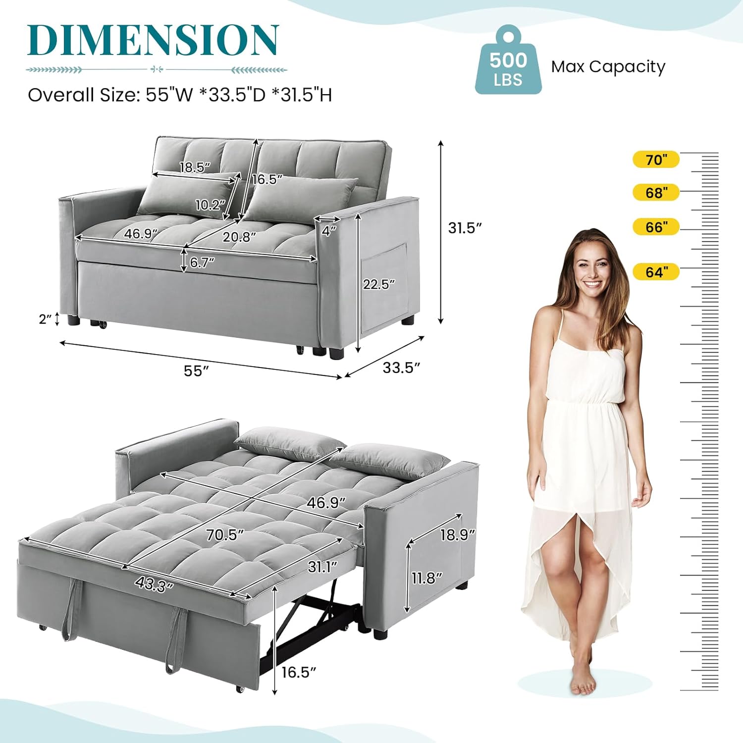Antetek 3 in 1 Convertible Sleeper Sofa Bed, Modern Velvet Loveseat Futon Couch w/Pullout Bed, Small Love Seat Lounge Sofa w/Reclining Backrest, Toss Pillows, Pockets, Furniture for Living Room, Grey