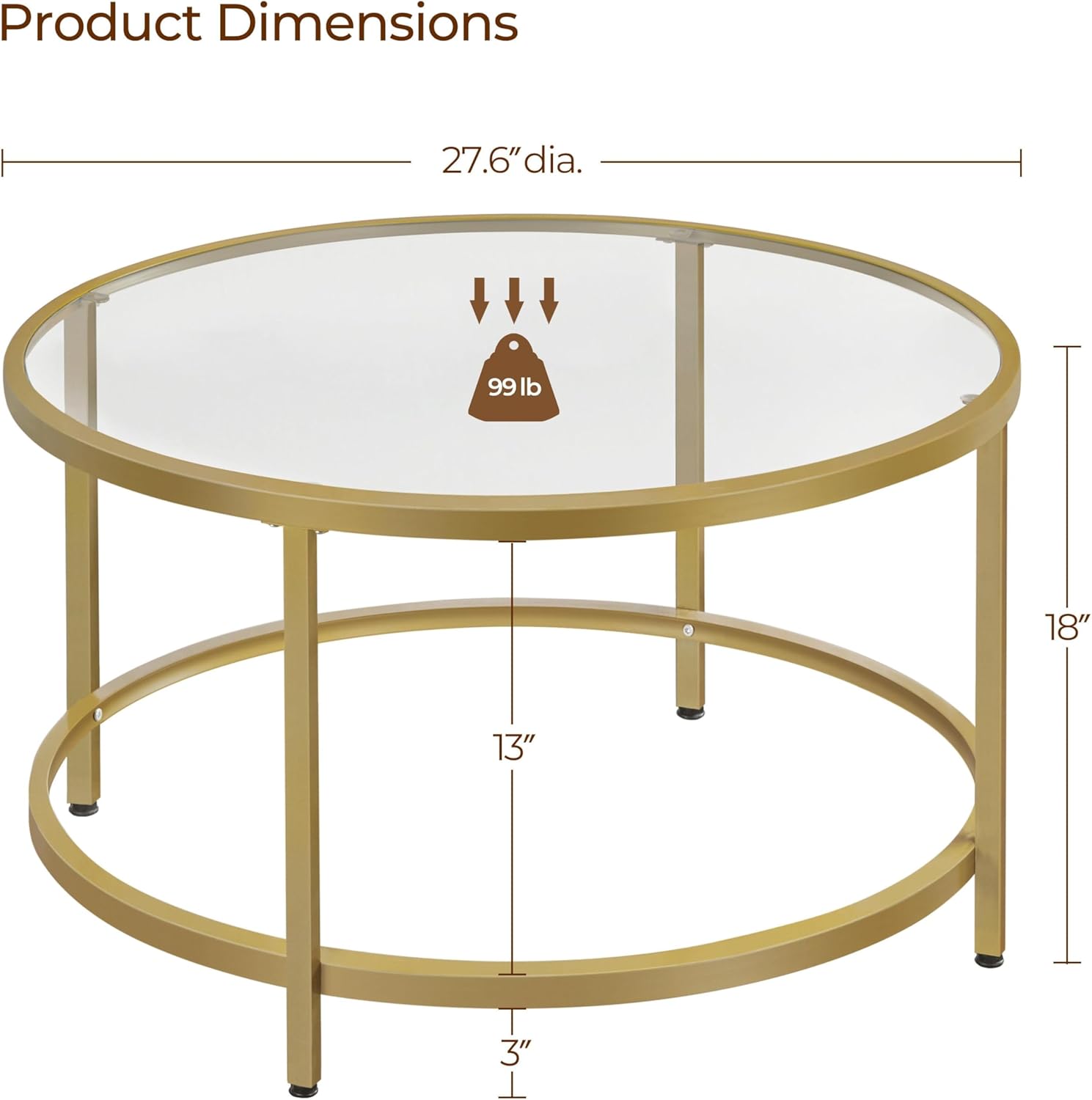 Yaheetech Gold Glass Coffee Table for Living Room, 27.6" Round Glass Coffee Table with Metal Frame, Circle Coffee Table for Home, Office, Apartment