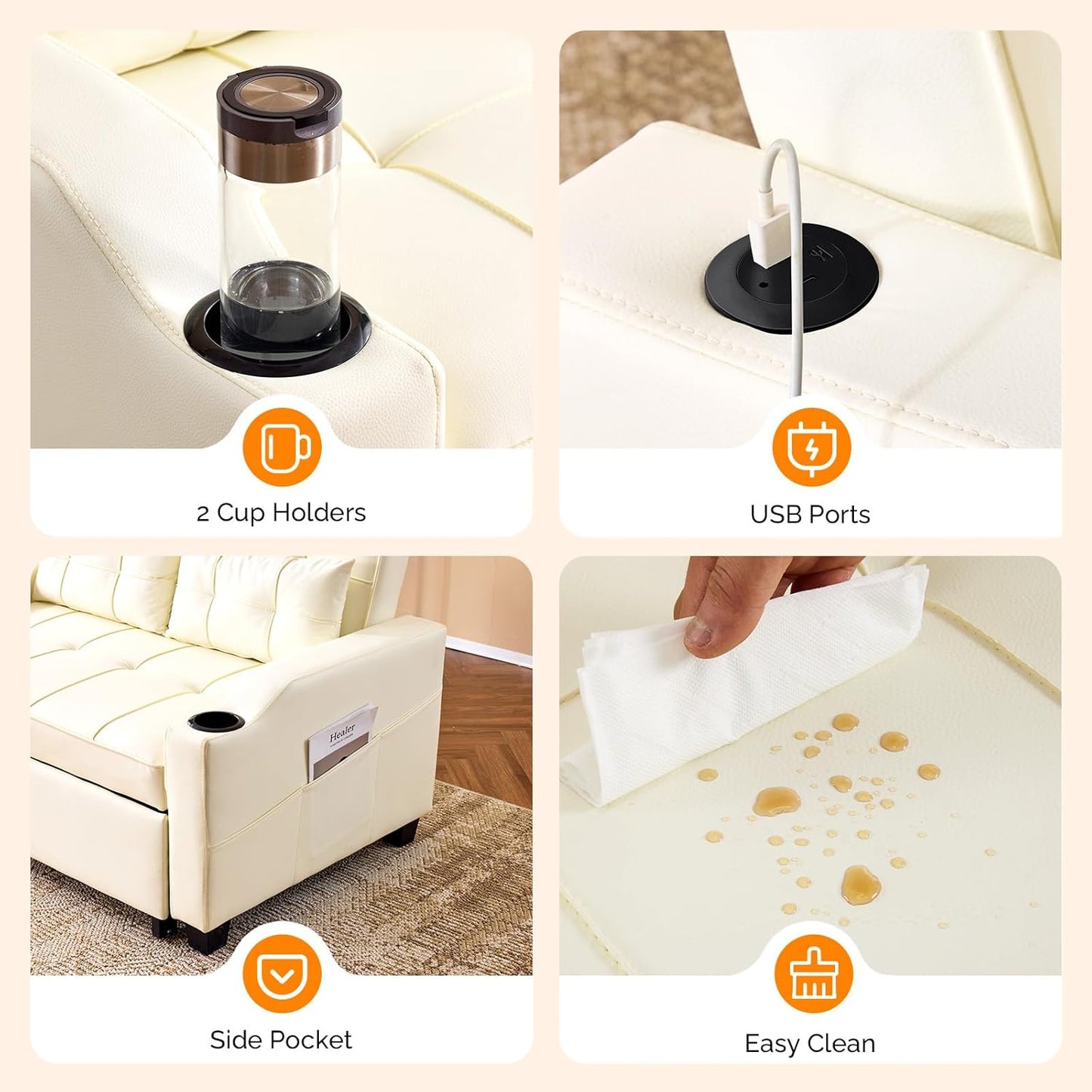 VINGLI Beige Loveseat Sleeper Sofa, Convertible Futon Sofa Bed Faux Leather Pullout Couch Bed with USB Ports, Cup Holders, Armrest for Living Room, Bedroom, Home Office Apartment