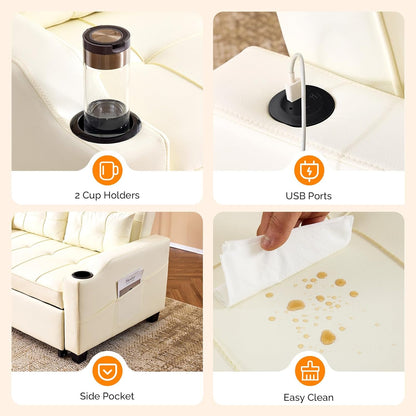 VINGLI Beige Loveseat Sleeper Sofa, Convertible Futon Sofa Bed Faux Leather Pullout Couch Bed with USB Ports, Cup Holders, Armrest for Living Room, Bedroom, Home Office Apartment