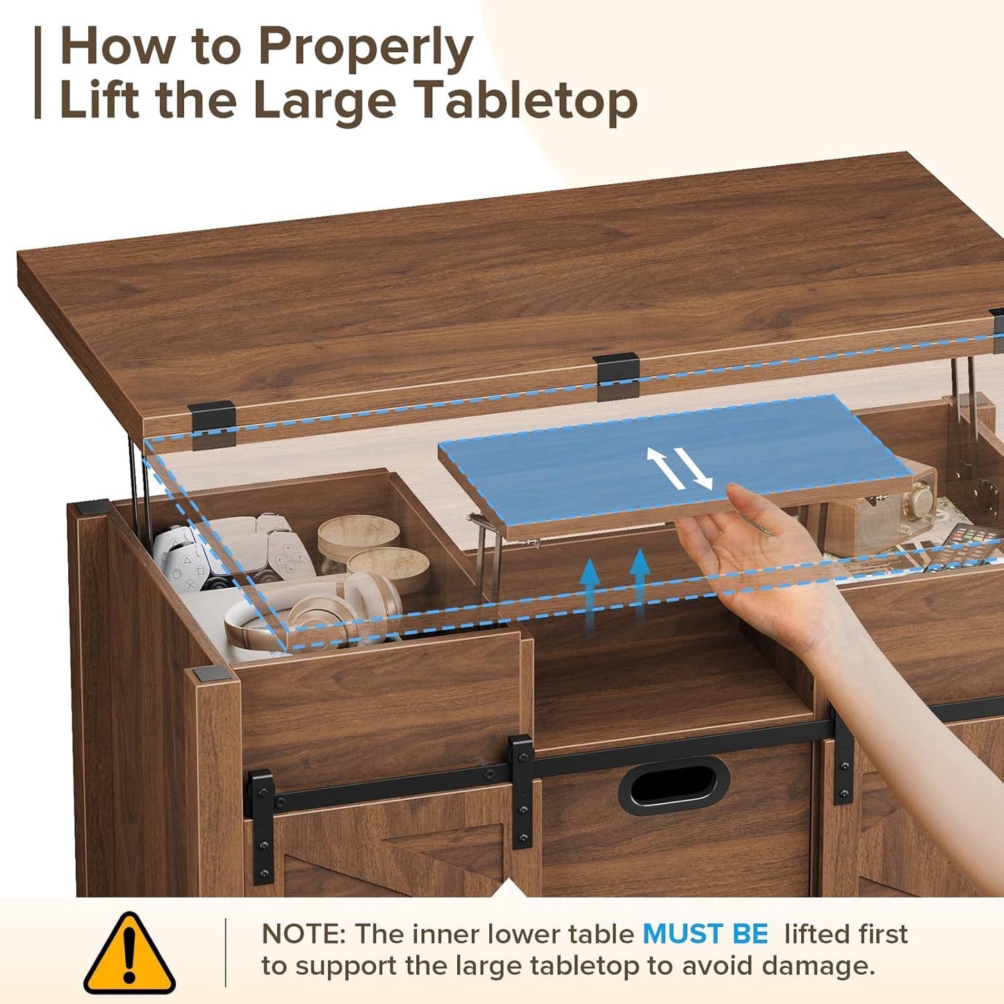 40" Farmhouse Lift Top Coffee Table with Sliding Barn Door,4 in 1 Multi-Function Coffee Tables with Storage Drawers & Hidden Compartment,Converts to Dining Table for Living Room,Walnut