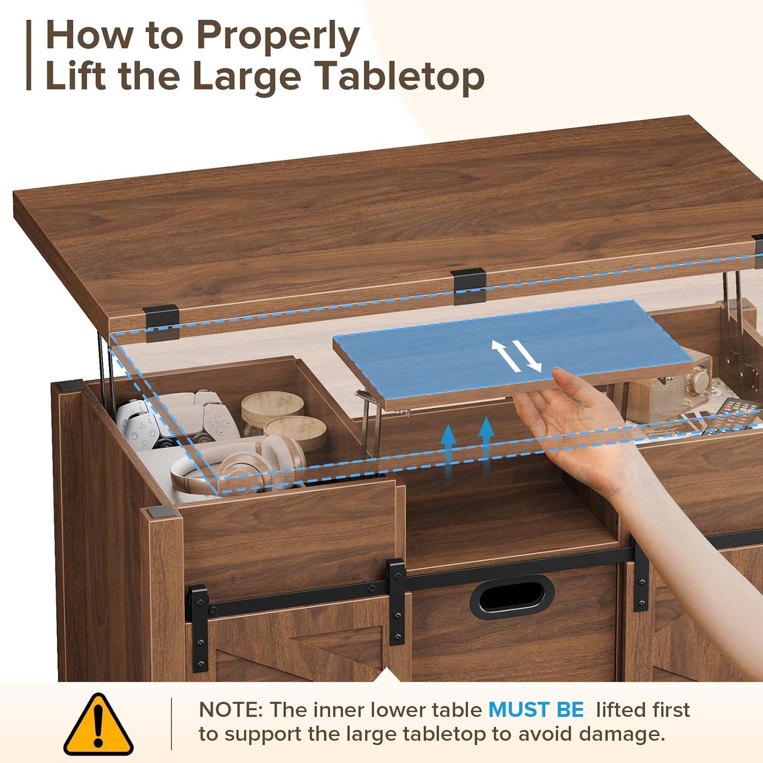 40" Farmhouse Lift Top Coffee Table with Sliding Barn Door,4 in 1 Multi-Function Coffee Tables with Storage Drawers & Hidden Compartment,Converts to Dining Table for Living Room,Walnut