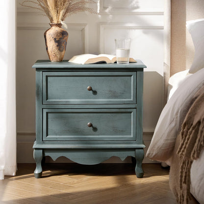 HULALA HOME Solid Wood Nightstand with Charging Station, Vintage Night Stand with Wood Legs and 2 Drawers, French Bedside Table for Bedroom Living Room，Walnut