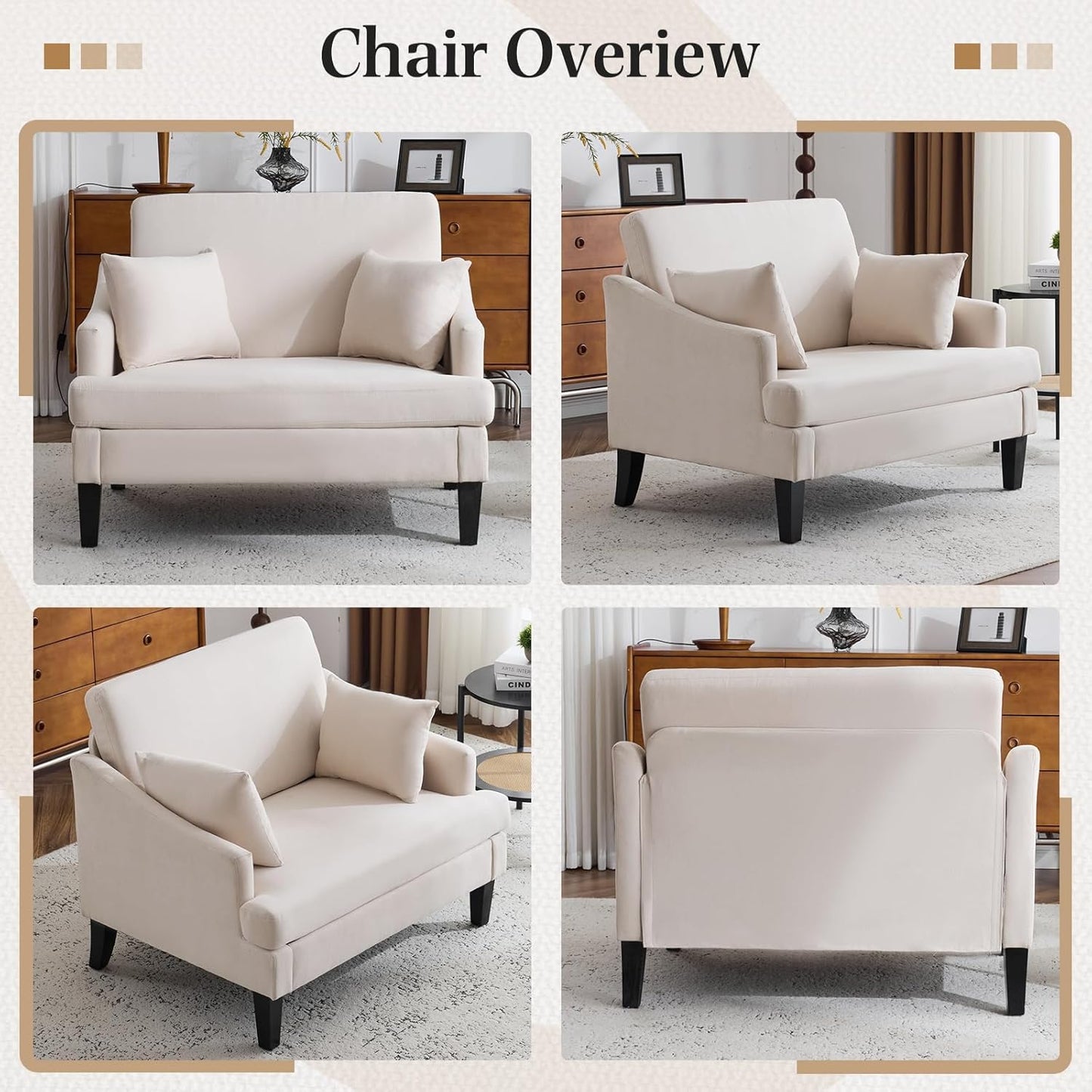 Bezseller Oversized Accent Chair, 33.5'' Wide Seat Comfy Armchair with 2 Pillows, Upholstered Big Reading Chair, Modern Single Sofa Chair for Living Room Bedroom Apartment Office, Beige