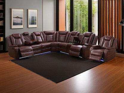 Power Recliner Sectional Sofa Set,Living Room Furniture Sets,Black Leather Sectional Reclining Couch Power Reclining Sofa with LED Light/Storage Console for Living Room