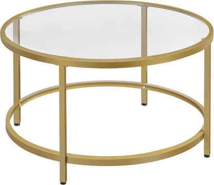 Yaheetech Gold Glass Coffee Table for Living Room, 27.6" Round Glass Coffee Table with Metal Frame, Circle Coffee Table for Home, Office, Apartment