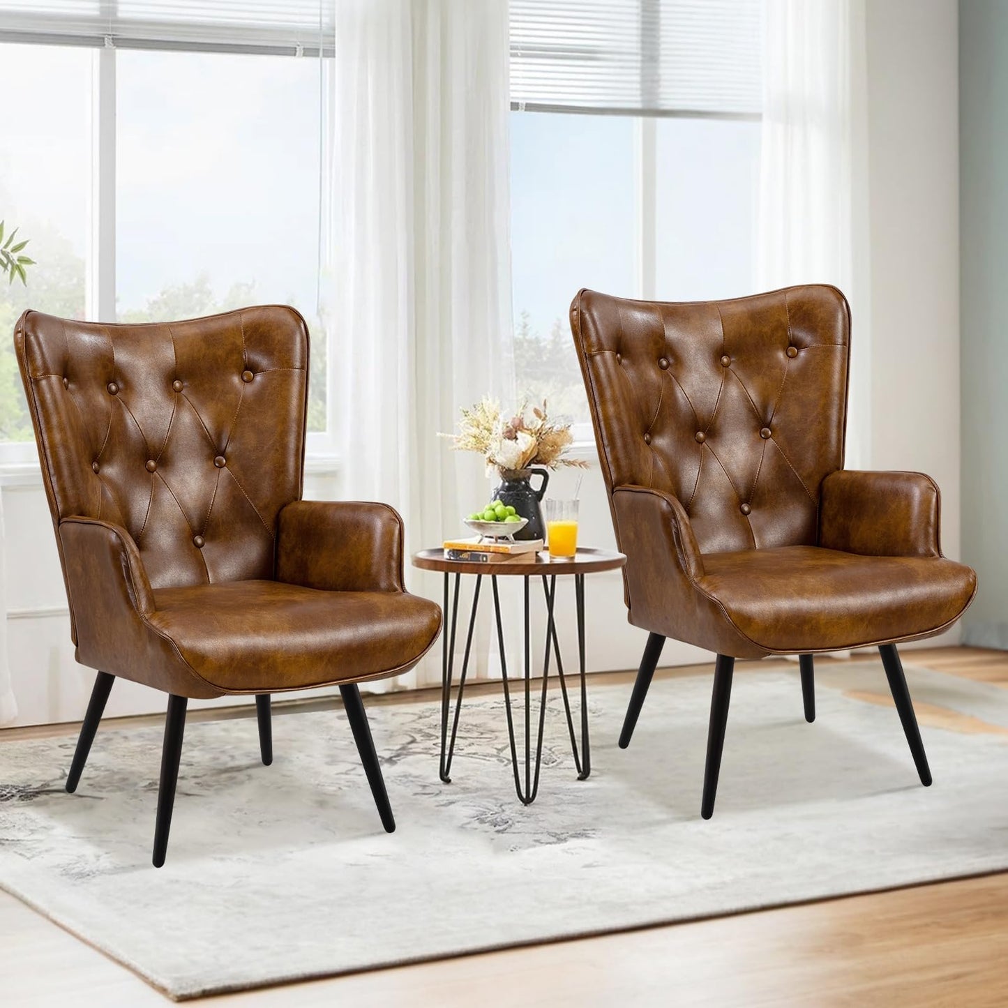 Armchair with Stool, Wing Chair with Stool Made of PU Leather, Armchair, Living Room Recliner Chair with Footrest, Lounge Chair, Upholstered Chair for Living Room, Bedroom, Study, Brown