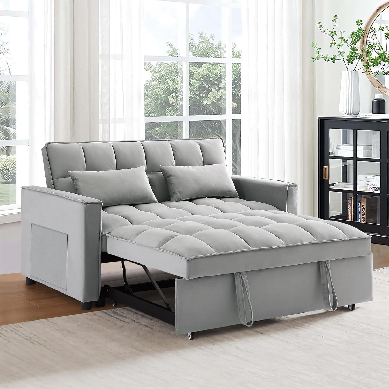 Antetek 3 in 1 Convertible Sleeper Sofa Bed, Modern Velvet Loveseat Futon Couch w/Pullout Bed, Small Love Seat Lounge Sofa w/Reclining Backrest, Toss Pillows, Pockets, Furniture for Living Room, Grey