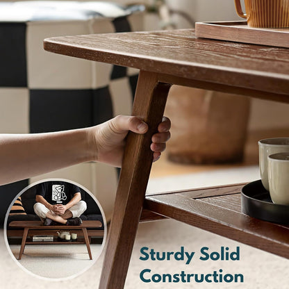 100% Solid Oak Coffee Table with Storage Shelf, 2-Tier Wooden Center Table for Living Room, Farmhouse Rustic Rectangle Table, Easy Assembly, Walnut Color, 39.37inch
