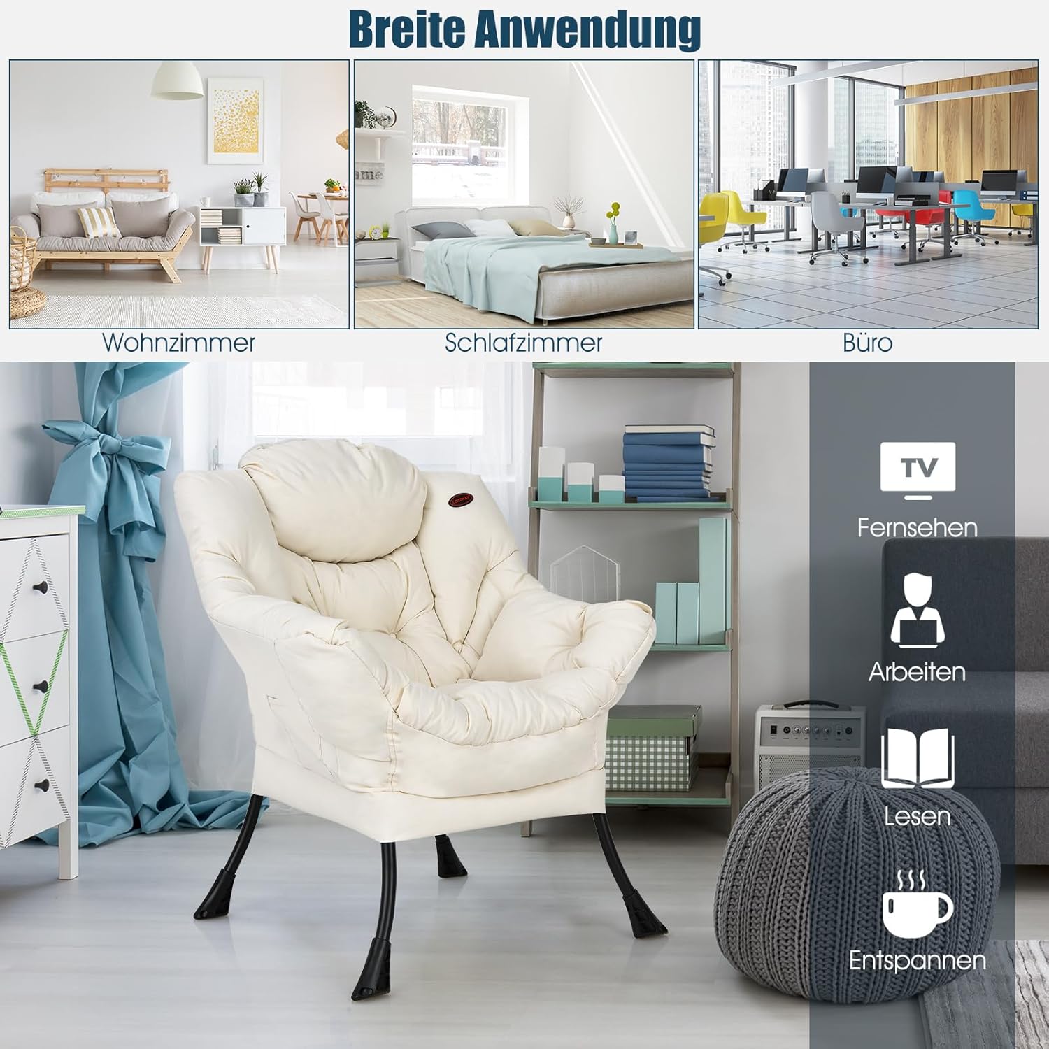 COSTWAY Padded Armchair, Recliner Chair with Armrests & Side Pocket, Lounge Chair, TV Chair, Wing Chair for Living Room, Bedroom, Office (Beige)