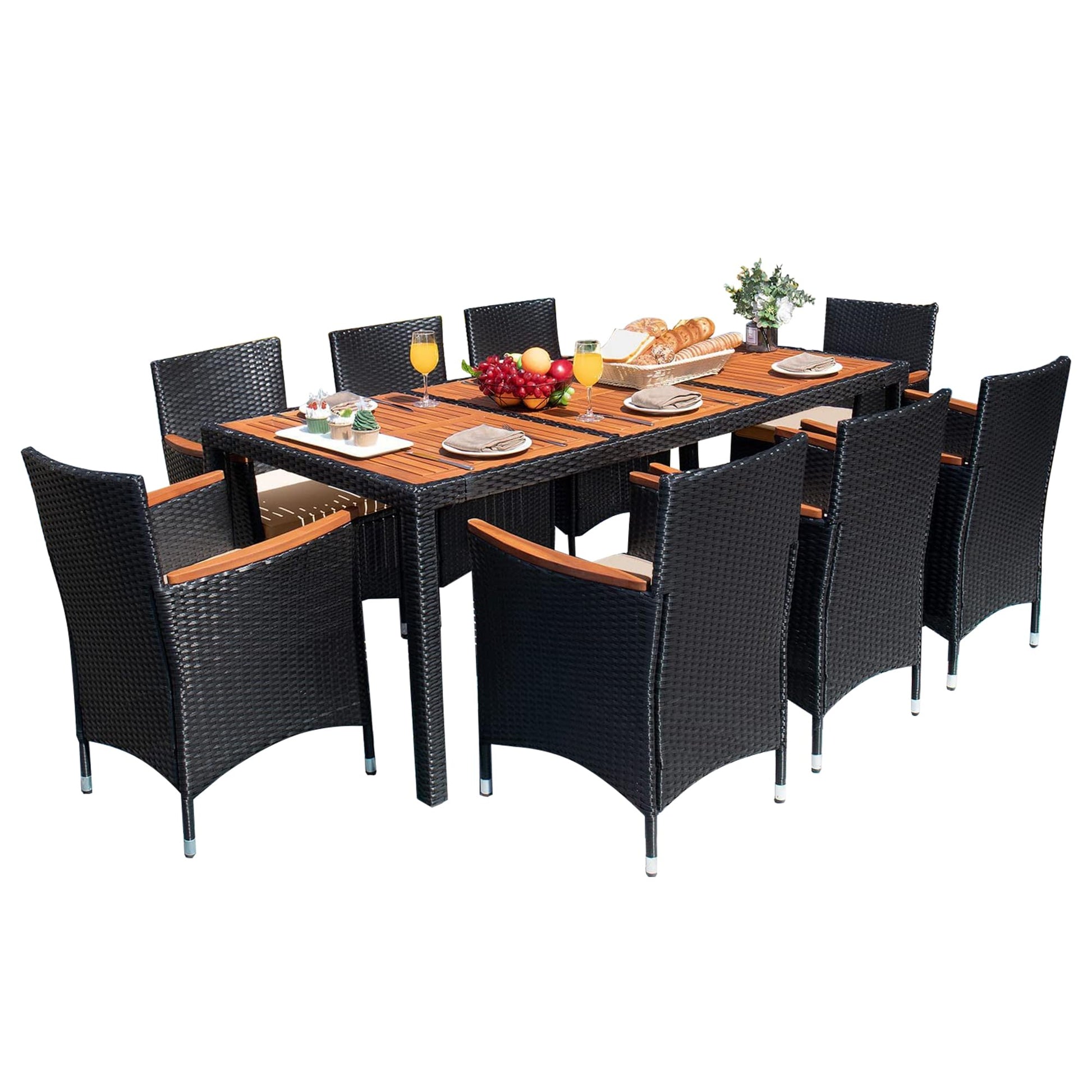 Devoko Dining 7 PCS Furniture, Patio Conversation Set with Acacia Wood Table Top, Outdoor, Beige Cushion and Black Rattan