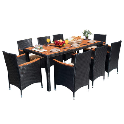 Devoko Dining 7 PCS Furniture, Patio Conversation Set with Acacia Wood Table Top, Outdoor, Beige Cushion and Black Rattan