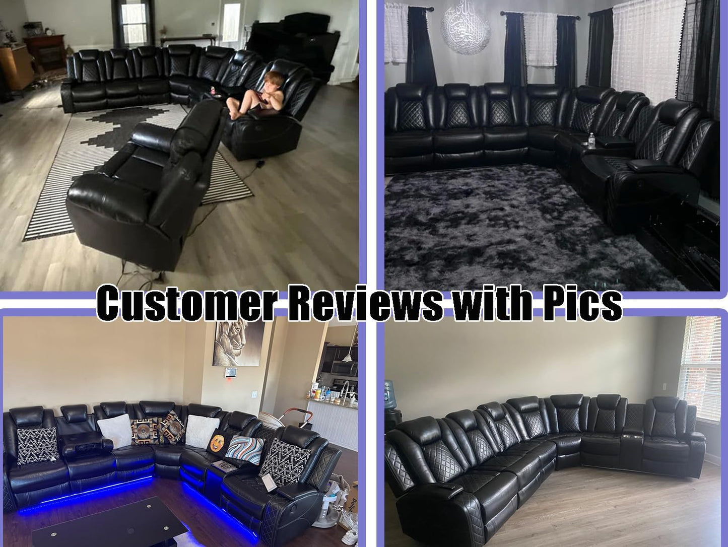 Power Recliner Sectional Sofa Set,Living Room Furniture Sets,Black Leather Sectional Reclining Couch Power Reclining Sofa with LED Light/Storage Console for Living Room