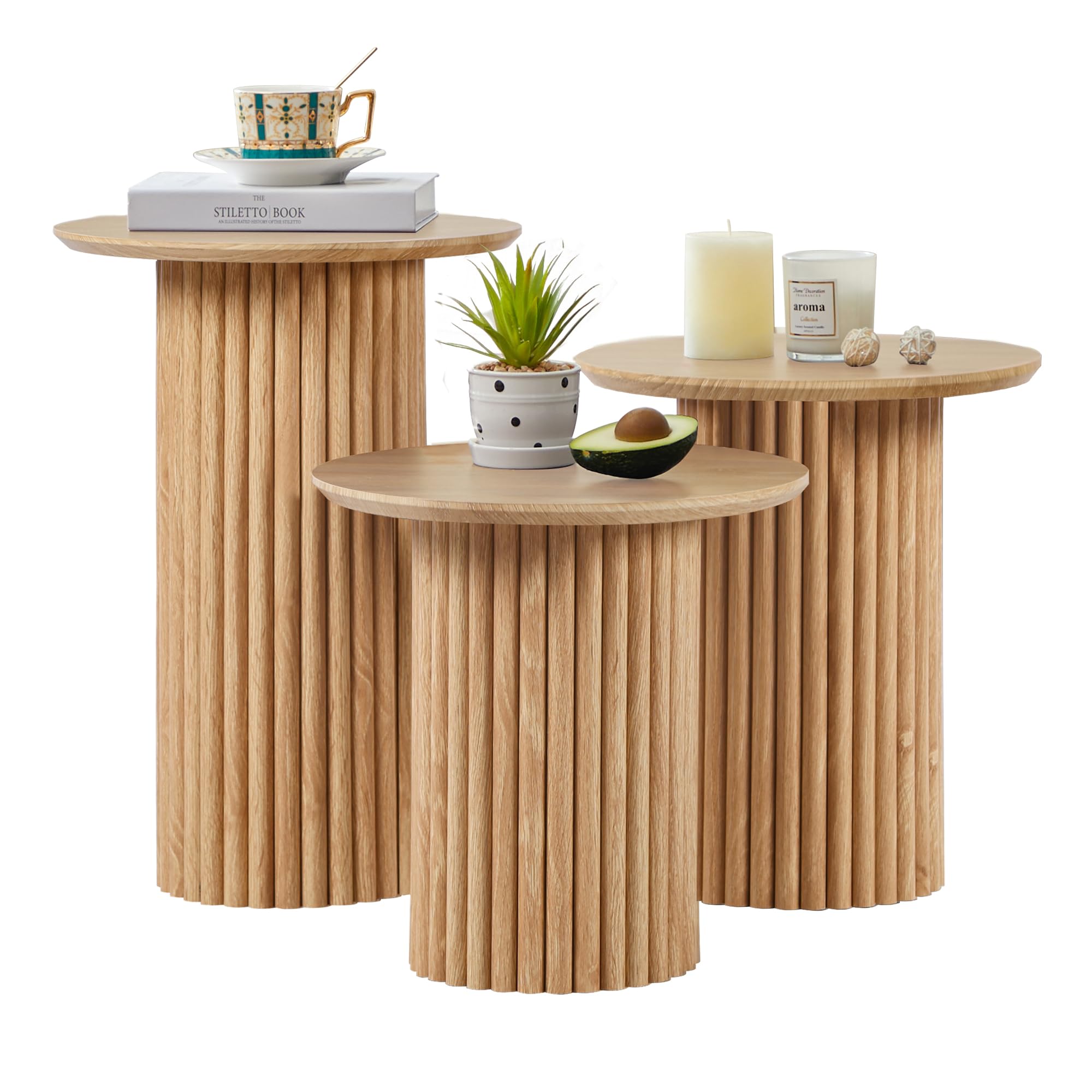 Round Nesting Coffee Table Set of 3,Mid Century Modern Fluted Coffee and End Table Set,Small Circle Wooden Side Table Drink Table for Living Room (Walnut)