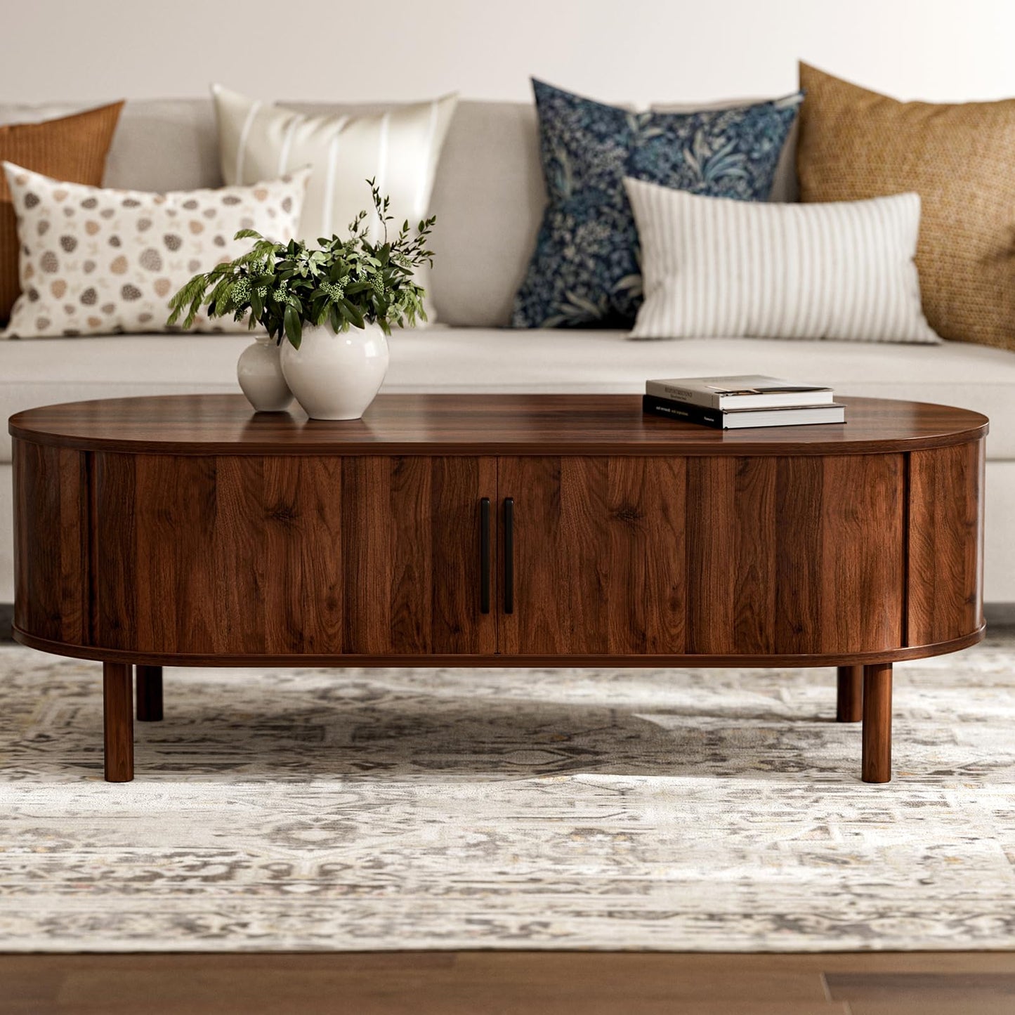 Coffee Table for Living Room, Modern Oval Coffee Table with Cabinets & Sliding Doors, Home Small Space, 29.9" Fluted Center Table, Natual