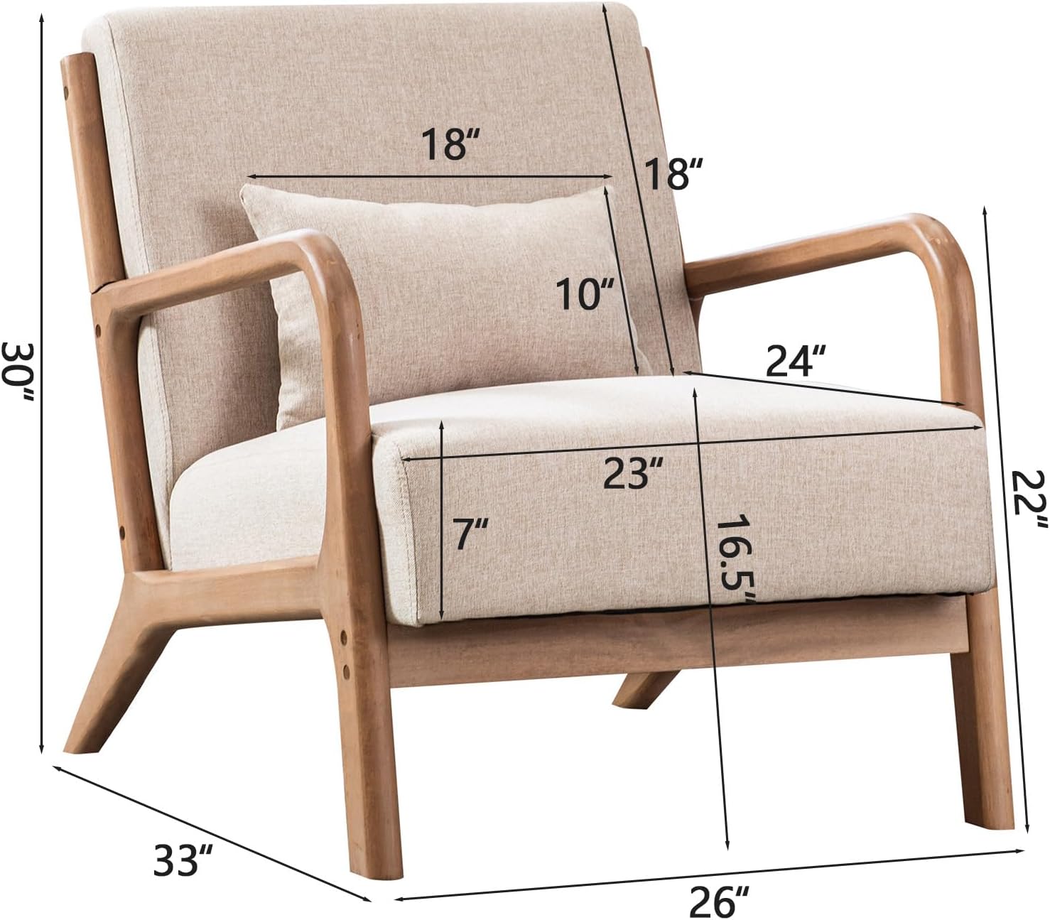 INZOY Mid Century Modern Accent Chair with Wood Frame, Upholstered Living Room Chairs with Waist Cushion, Reading Armchair for Bedroom Sunroom (Beige)