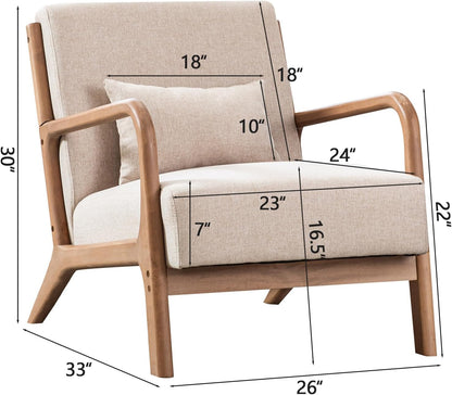 INZOY Mid Century Modern Accent Chair with Wood Frame, Upholstered Living Room Chairs with Waist Cushion, Reading Armchair for Bedroom Sunroom (Beige)