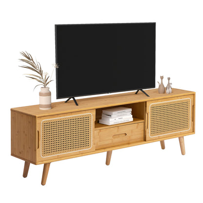 HollyHOME Bamboo TV Stand with Storage for TVs up to 65'', Modern Entertainment Center with 2 Open Shelf, Accent Media Console Table for Living Room, Bedroom, 55"(L), Walnut