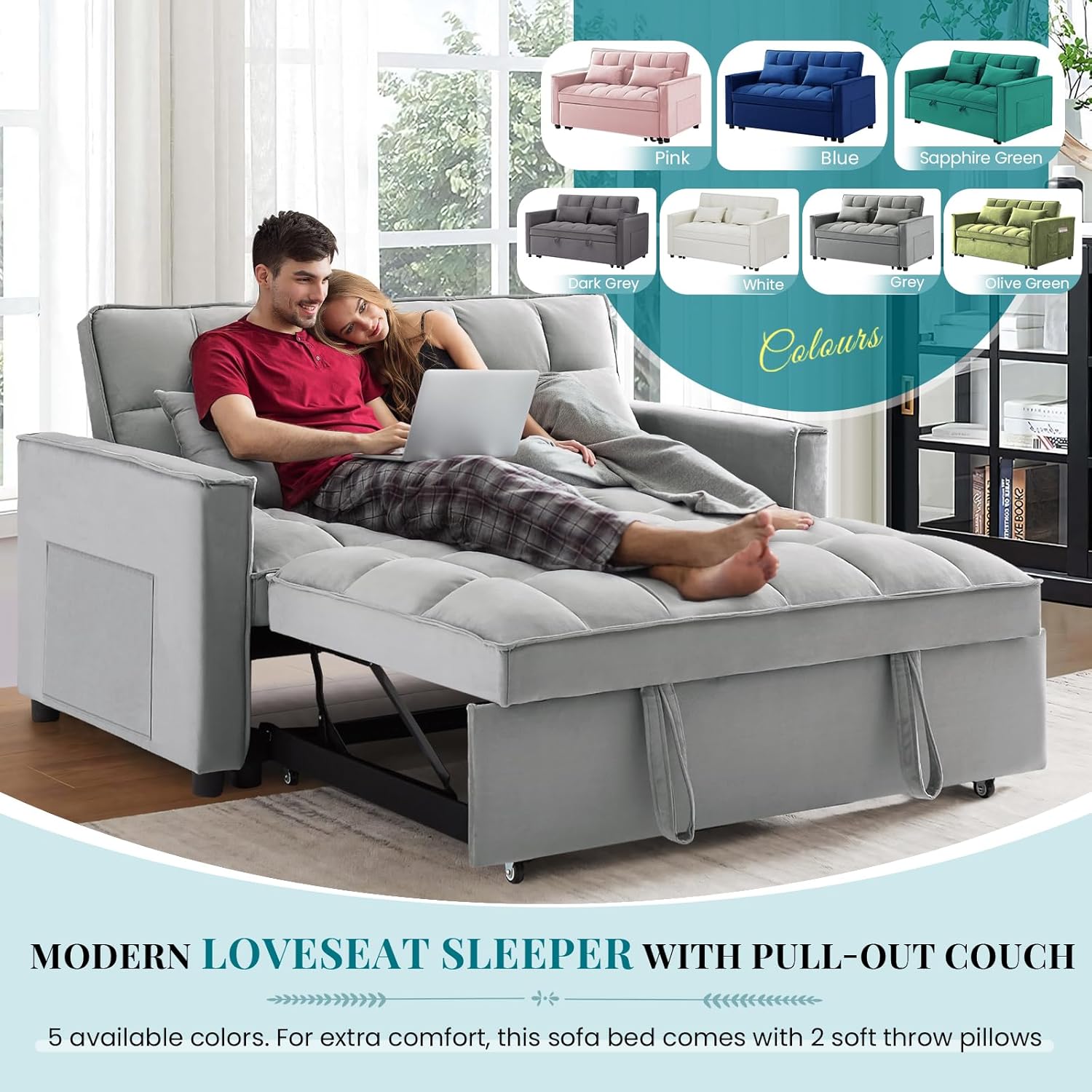 Antetek 3 in 1 Convertible Sleeper Sofa Bed, Modern Velvet Loveseat Futon Couch w/Pullout Bed, Small Love Seat Lounge Sofa w/Reclining Backrest, Toss Pillows, Pockets, Furniture for Living Room, Grey