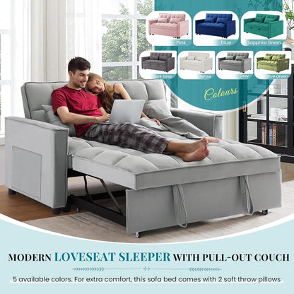 Antetek 3 in 1 Convertible Sleeper Sofa Bed, Modern Velvet Loveseat Futon Couch w/Pullout Bed, Small Love Seat Lounge Sofa w/Reclining Backrest, Toss Pillows, Pockets, Furniture for Living Room, Grey