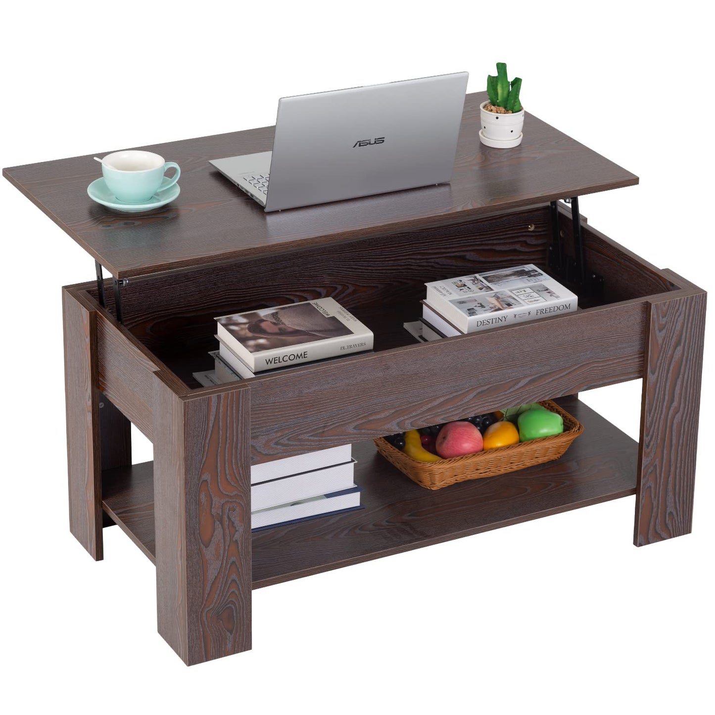 FDW 39.4" Lift Top Coffee Table with Hidden Compartment and Storage Shelf Wooden Lift Tabletop for Home Living Room Reception Room Office,Bark Black