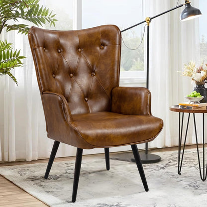 Armchair with Stool, Wing Chair with Stool Made of PU Leather, Armchair, Living Room Recliner Chair with Footrest, Lounge Chair, Upholstered Chair for Living Room, Bedroom, Study, Brown