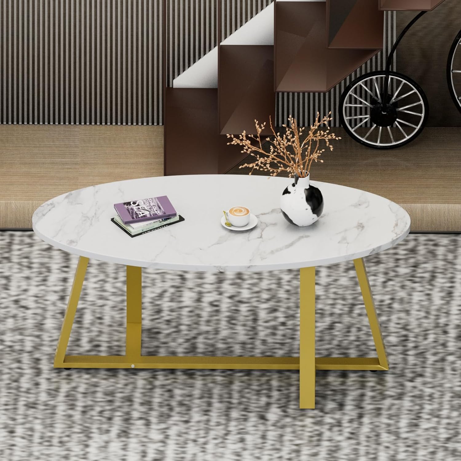 Coffee Table White Faux Marble Coffee Table for Living Room,Oval Center Tables Modern Tea Table for Small Space,Wooden Living Room Tables End Table with Sturdy Gold Metal Leg
