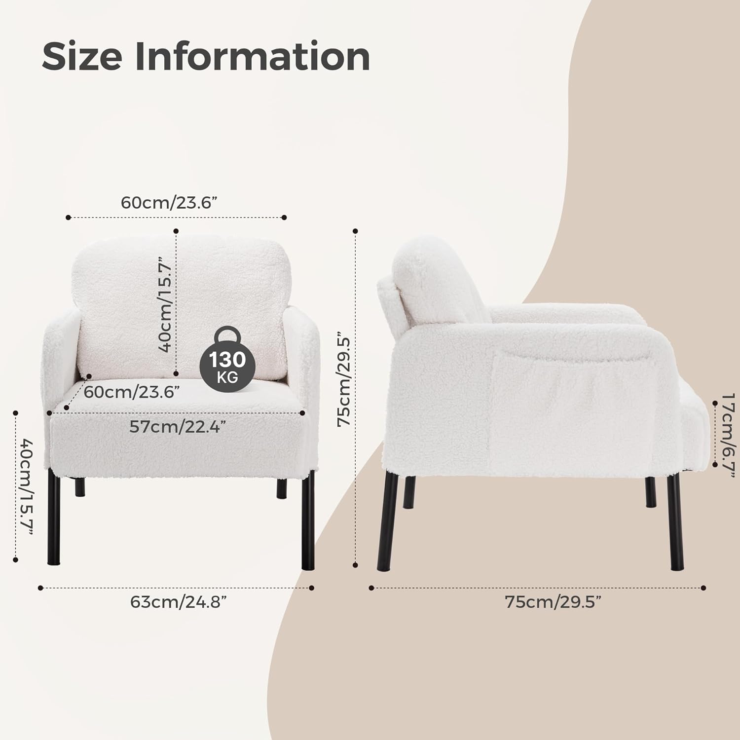 Mondeer Armchair, Single Lounge Sofa with Side Pocket with Metal Legs, Cosy Faux Lambskin Fabric, Modern, for Living Room, Bedroom, Study, 63 x 75 x 75 cm, White