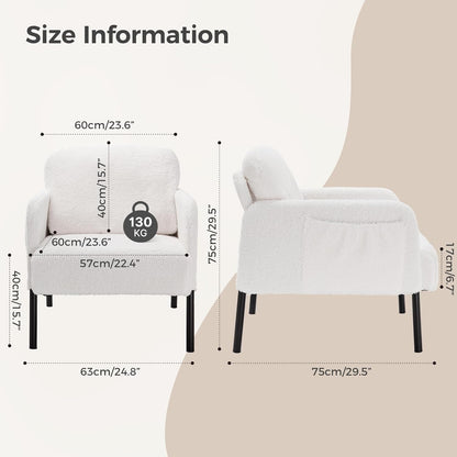 Mondeer Armchair, Single Lounge Sofa with Side Pocket with Metal Legs, Cosy Faux Lambskin Fabric, Modern, for Living Room, Bedroom, Study, 63 x 75 x 75 cm, White