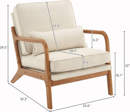 Karl home Accent Chair Mid-Century Modern Chair with Pillow Linen Fabric Upholstered Lounge Arm Chair with Solid Wood Frame & Soft Cushion for Living Room, Bedroom, Balcony, Beige