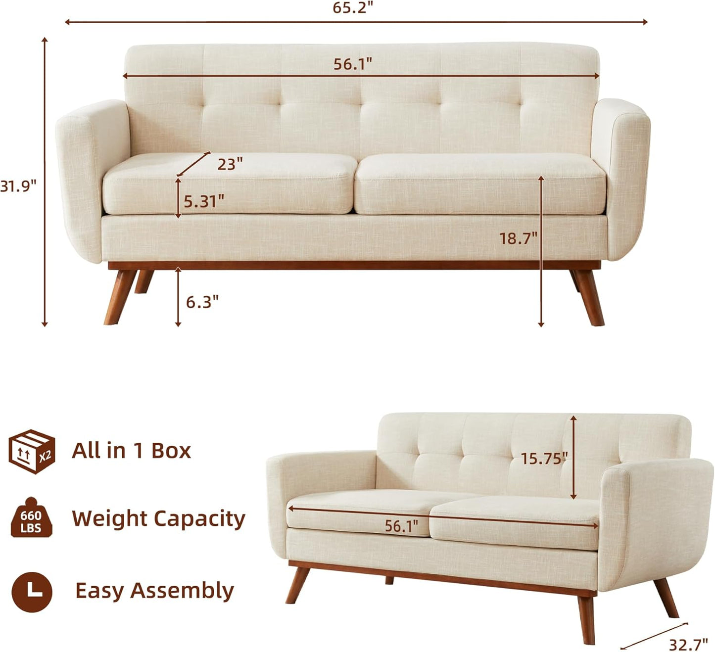 Kingfun 65.2" W Loveseat Sofa, Mid Century Modern Decor Love Seat Couches for Living Room, Button Tufted Upholstered Furniture, Solid & Easy to Install Small Couch for Bedroom Office Apartment, Beige