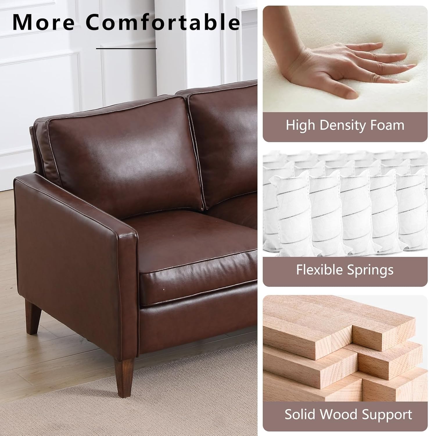 EBELLO 77” Mid Century Modern Sofa Couch, 3 Seater Faux Leather Couches for Living Room, Soft Padded Comfy Cushion, Small Sofa for Small Spaces, Bedroom, Apartment, Dark Brown